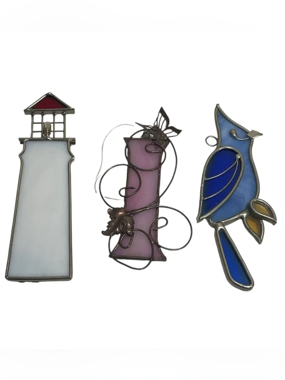 Lot of 3 Handcrafted Stained Glass Suncatchers Lighthouse Butterfly Floral Bird